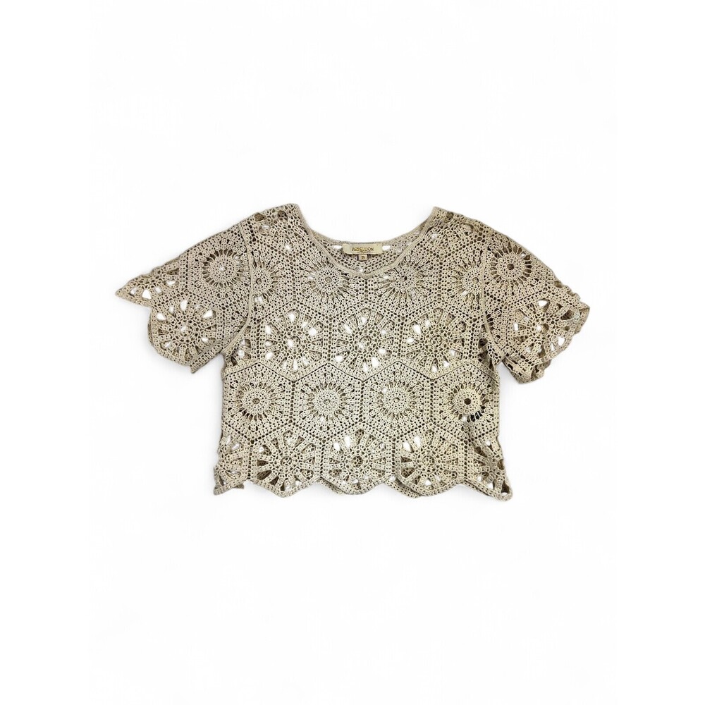 Rebellion Cream‎ Crochet Crop Top XS Scallop Hem Short Sleeve